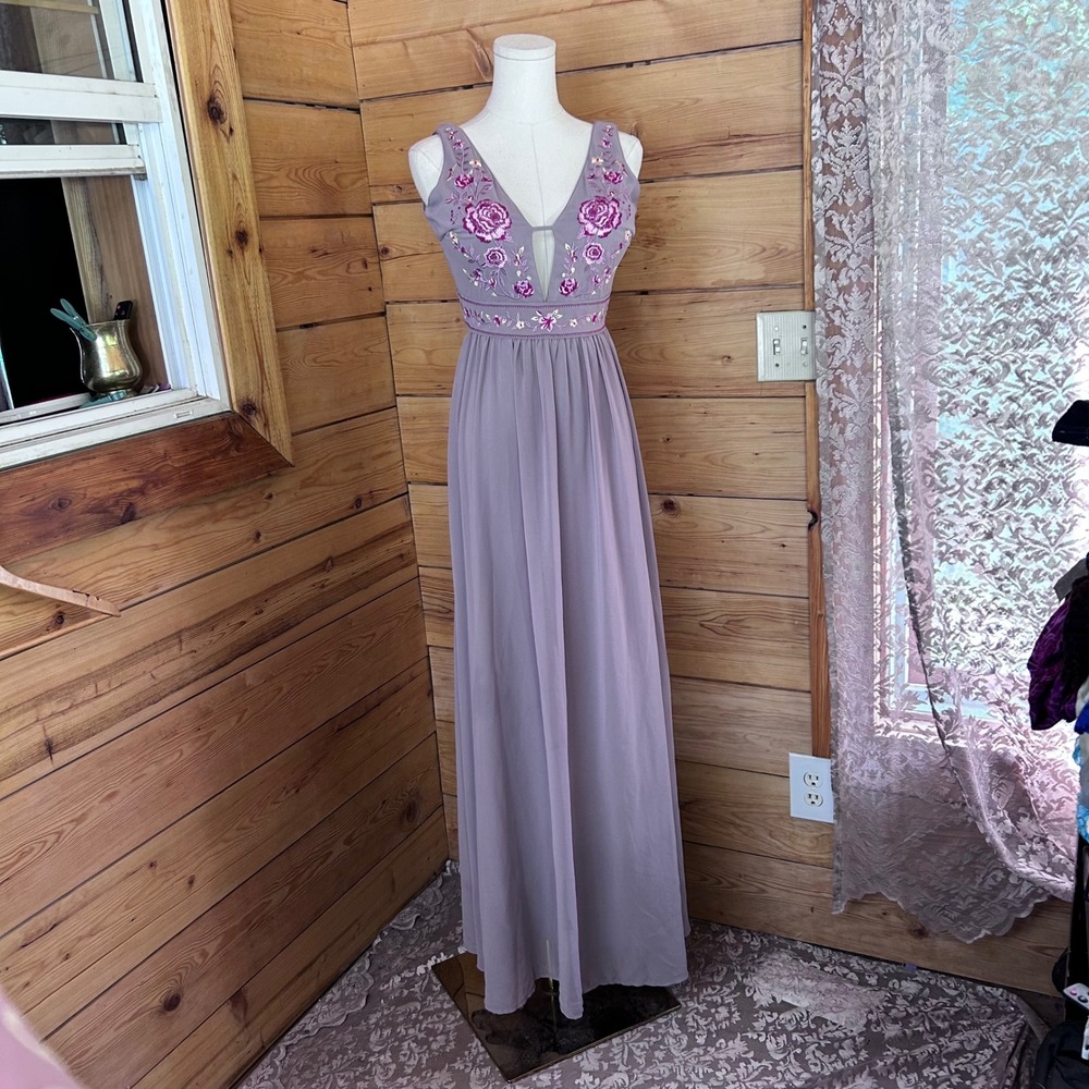 Maxi Gown Womens Small Mauve Purple Plunge V Neck Chiffon Floral Soieblu